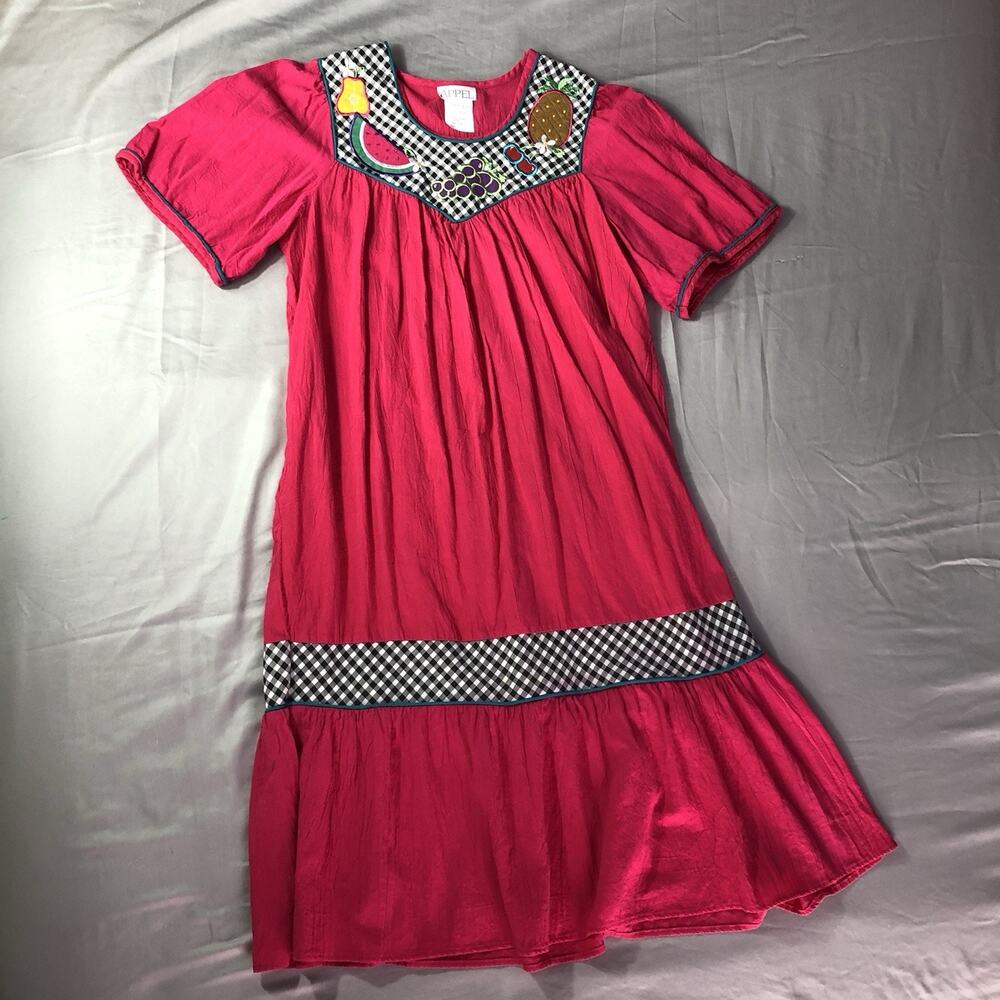 Vintage Appel Boho Dress Mumu Kaftan‎ Bright Pink Fruit Appliqué Oversized Small
